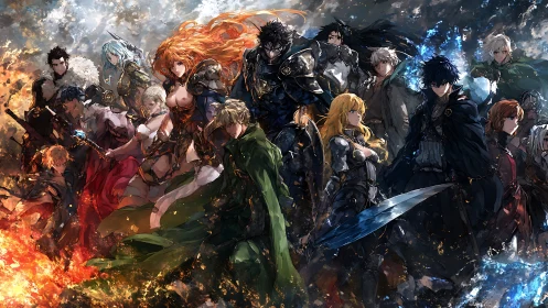 Epic fantasy warriors stand united amid fire and ice clash