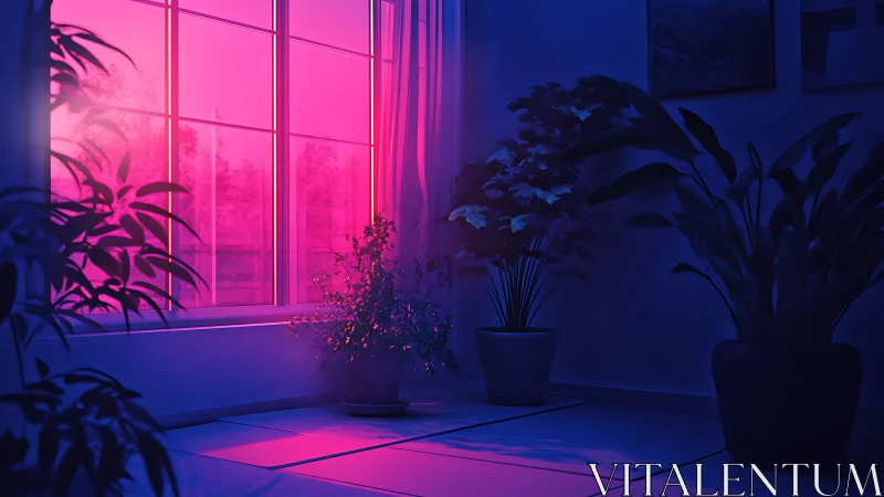 Glowing pink window light bathing a cozy indoor garden.