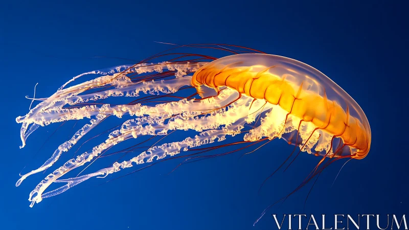 Orange jellyfish profile against uniform deep blue water.