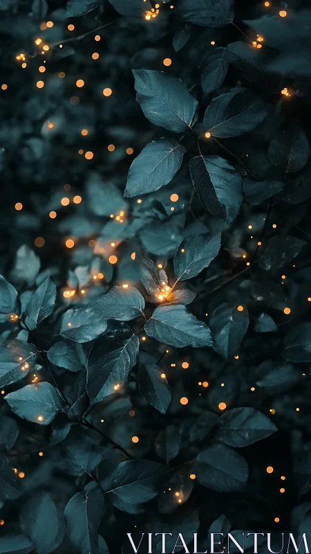 Forest leaves glow under scattered golden firefly light.