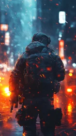 Heavily armed soldier in wet neon city street at night.