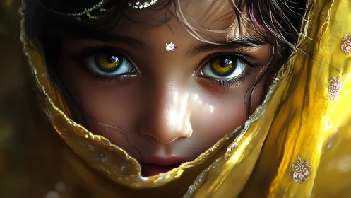 Close portrait of veiled child with detailed green eyes.