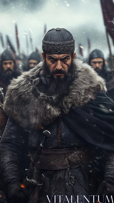 Battle-hardened medieval warlord in fur cloak leads armored vanguard