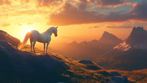White horse on sunlit mountain ridge at low sunset horizon.