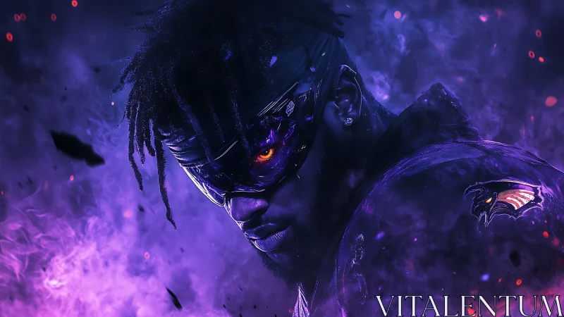 Dark-eyed cyber vigilante emerges from swirling violet smoke