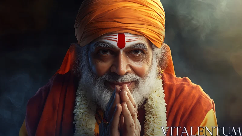Elderly Hindu sage bows in prayerful greeting under warm light