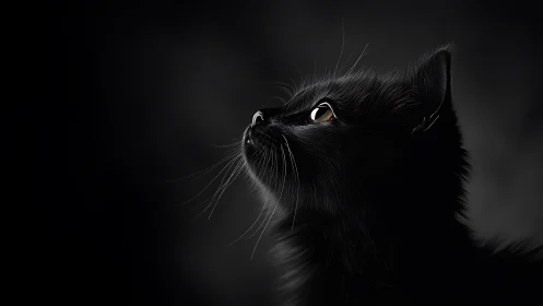 Black Cat Gazing Upward in Dramatic Monochrome Light