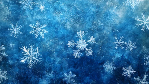 Crystalline white snowflakes over textured icy blue field.