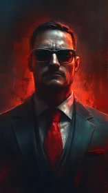 Digital painting portrait of stern man in suit and red light.