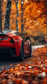 Red sports car on autumn forest road with fallen leaves.