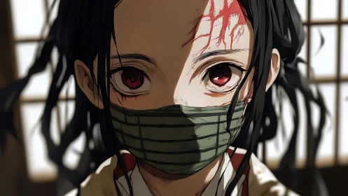 Masked anime girl with bloodstained forehead in sharp focus.