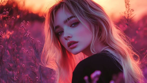 Young woman poses in neon lit field at vibrant sunset
