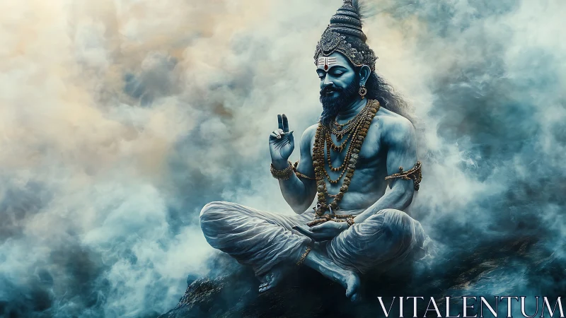 Blue meditative deity seated in swirling ethereal mist.