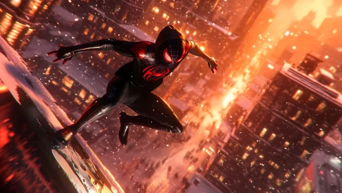 Masked superhero crouches on snowy ledge above glowing city