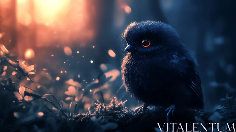 Nocturnal fantasy bird under glowing forest bokeh light.
