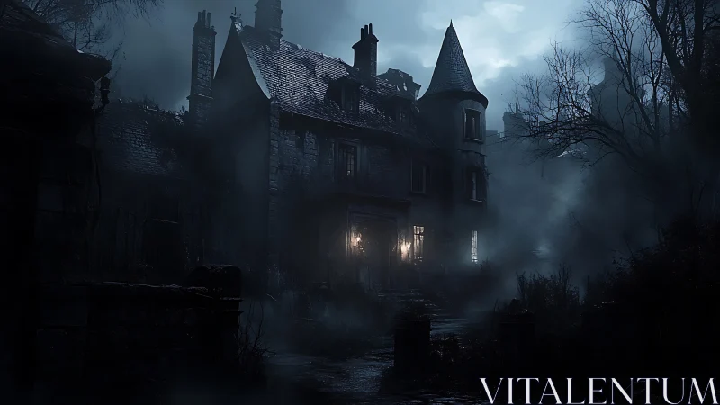 Nocturnal Gothic manor in volumetric mist and lunar backlight.