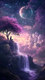 Celestial waterfall landscape with meditating figure under nebula sky