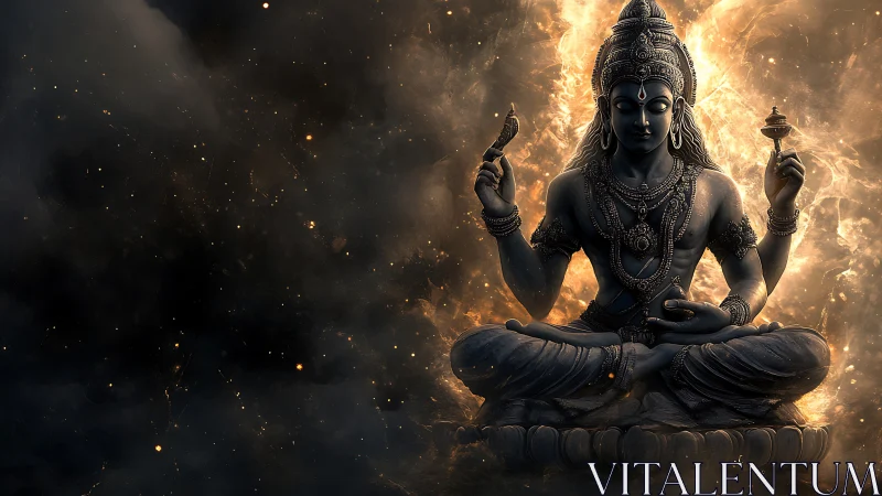 Celestial deity in luminous cosmic meditation pose.