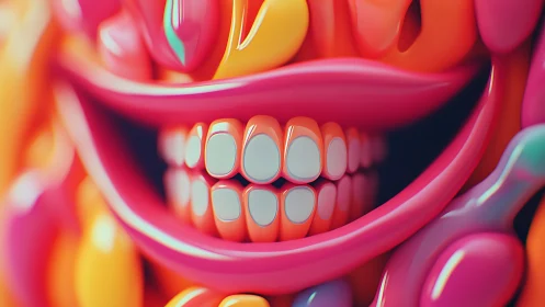 Colorful stylized smile with glossy cartoon teeth close-up.