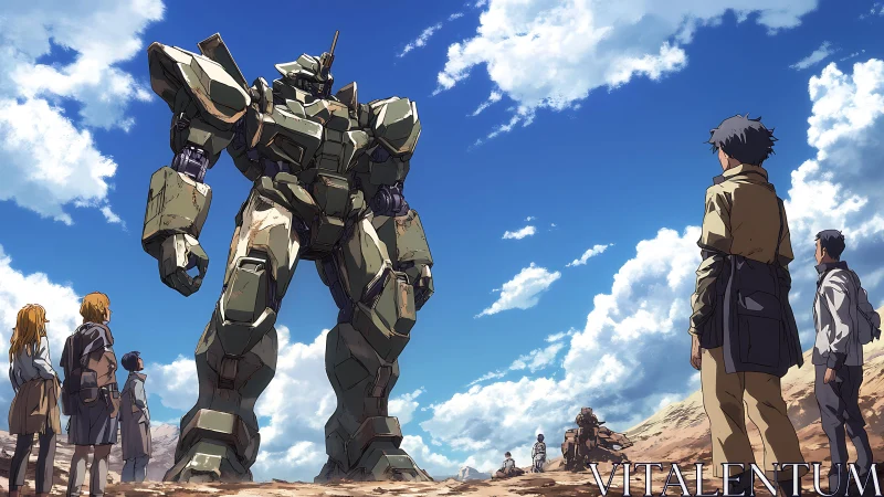 Colossal desert mecha towers above tense human onlookers