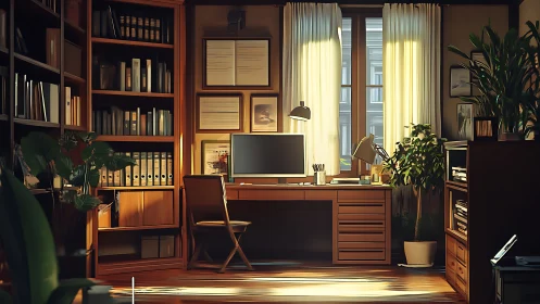 Warm wooden home office with daylight-balanced monitor workspace