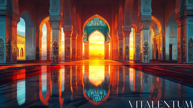 Sunlit palace arches glowing with warm reflections at dusk.