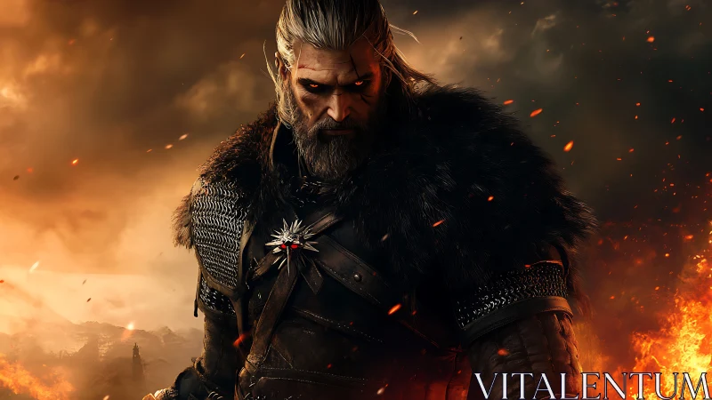 Armored warrior stands amid embers under storm-darkened sky