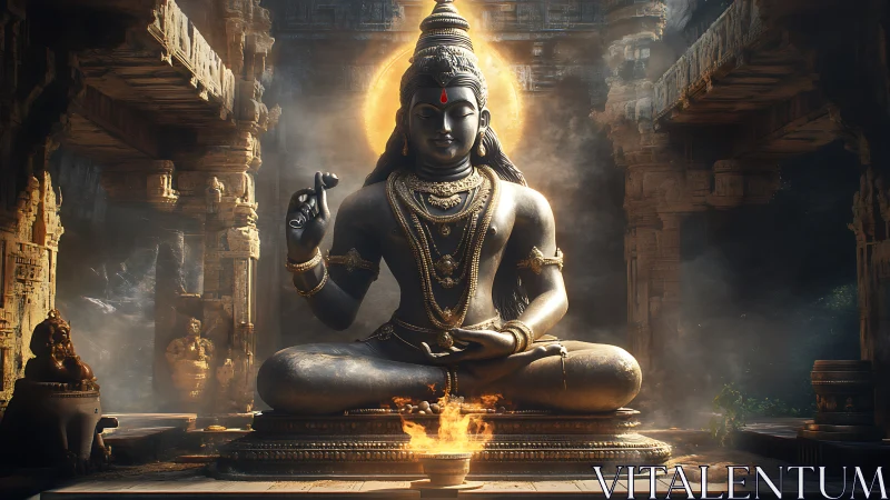 Large seated deity statue in temple interior with fire altar