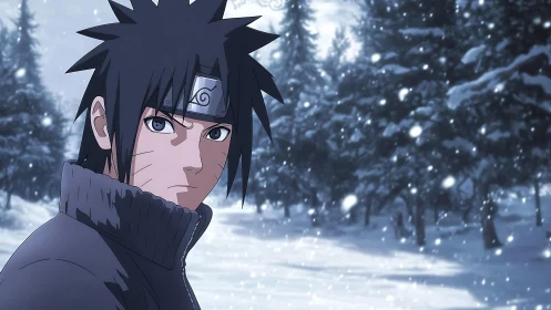 Anime ninja in winter forest, close portrait amid falling snow.