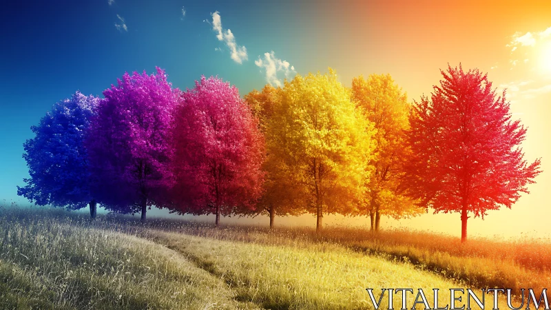 Rainbow hillside grove glowing in soft evening light.