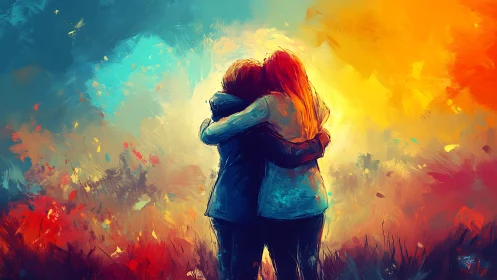 Two figures embracing against vibrant painted light.