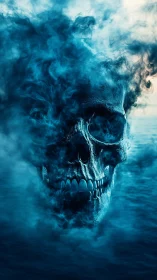 Volumetric blue smoke skull emerging above turbulent ocean