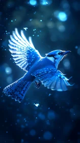 Luminescent Blue Bird in Flight with Glowing Particles.