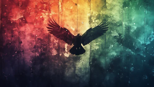 Silhouette of Flying Bird Against Grunge Rainbow Background Art.