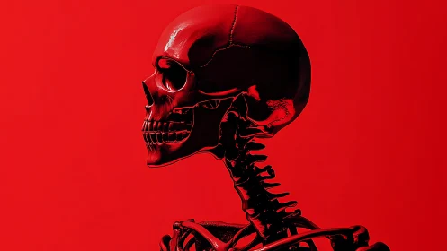 Side profile digital skeleton on solid red background.