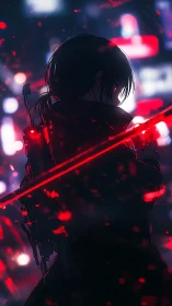 Silhouetted anime sniper with red neon beam in night city.