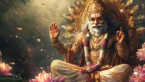 Radiant Hindu deity seated on lotus throne amid golden aura