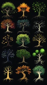 Whimsical tree collection glowing through the seasons of life.