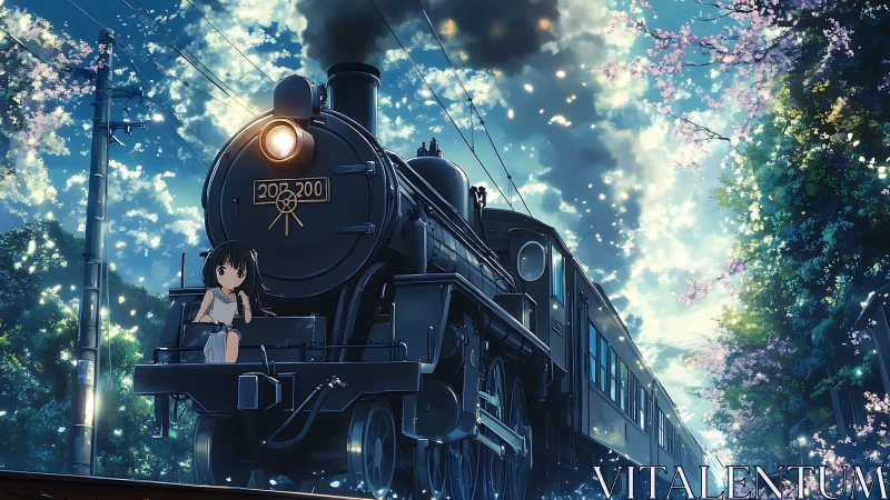 Steam locomotive daydream carries a lone girl through petals