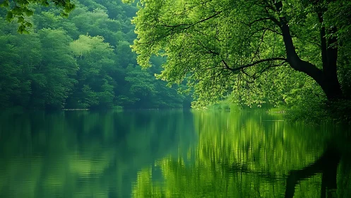 Tranquil Forest Lake with Lush Greenery in Serene Nature Scene.
