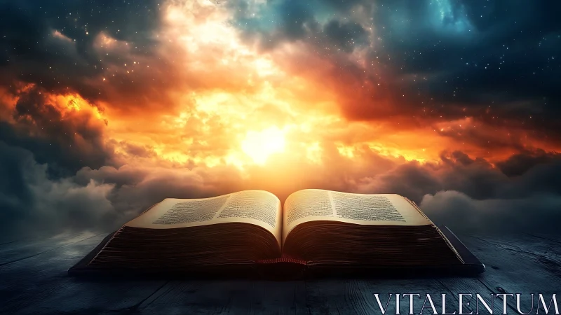 Dawn light pours from an ancient book, rewriting the sky