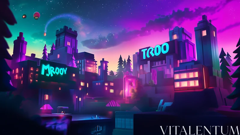 3D neon cityscape with stylized block architecture at dusk.
