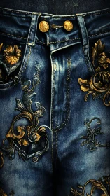 Ornate blue denim jeans with gold floral baroque embroidery.