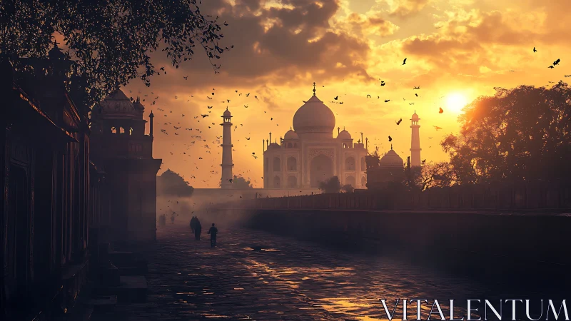 Sunlit Taj Mahal drifting through amber morning haze.