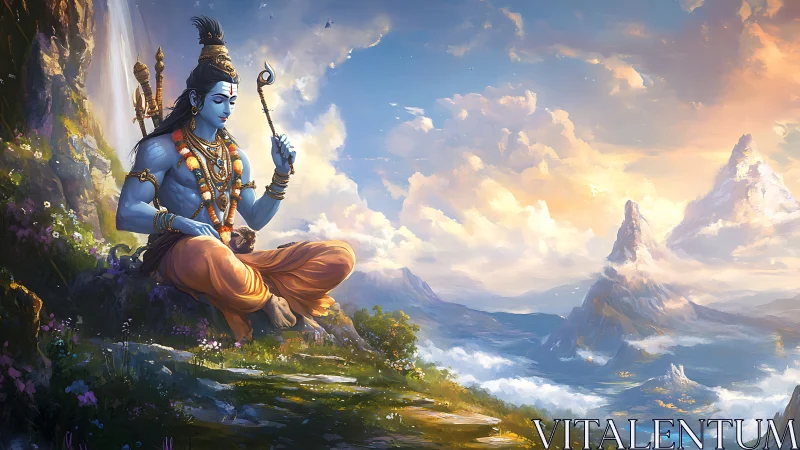 Blue-skinned seated figure in mountainous landscape setting.