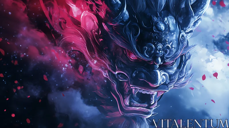 Demonic lion mask emerges from turbulent clouds with neon rim lighting