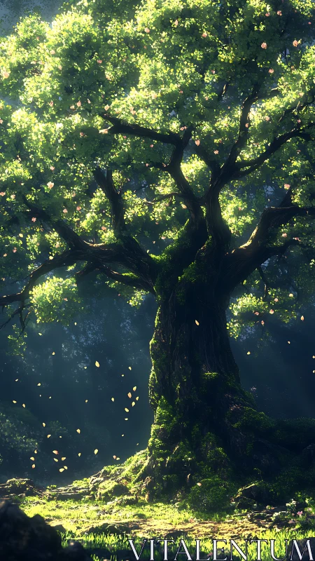 Ancient luminous tree glows softly in an enchanted forest clearing