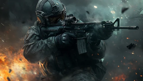 Elite tactical soldier advances through explosive battlefield.