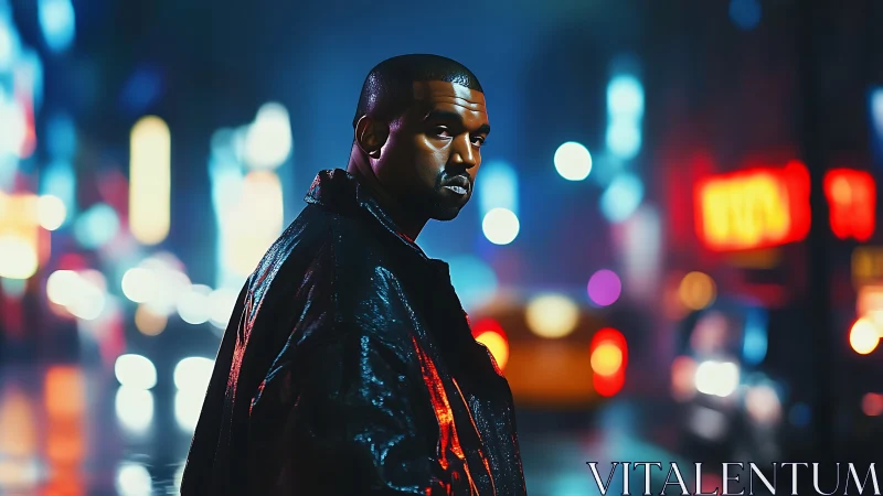 Man in leather coat stands in neon lit night street