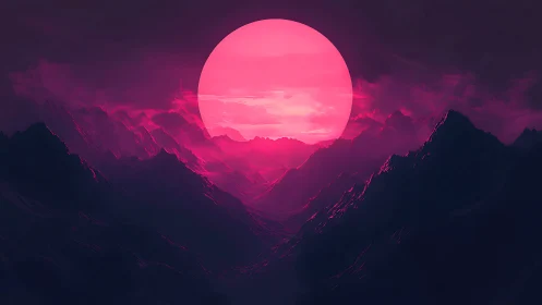 Neon moon melts into shadowy peaks like a cosmic tide